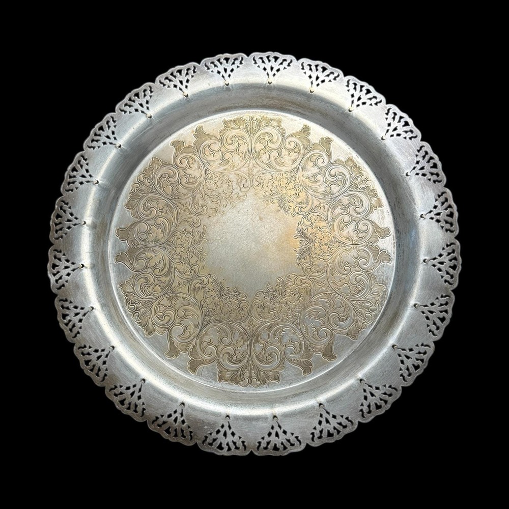 Vintage Round Silver Tone Etched Floral Serving Tray Pierced Gallery Rim 12 Inch
